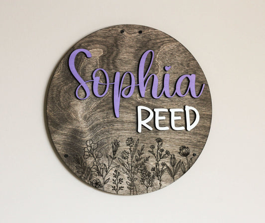 Wildflower Name Sign l Engraved Name Circle l Boho Baby Sign l Wood Signs l Baby Announcement l Baby Shower Gift l Nursery Decor