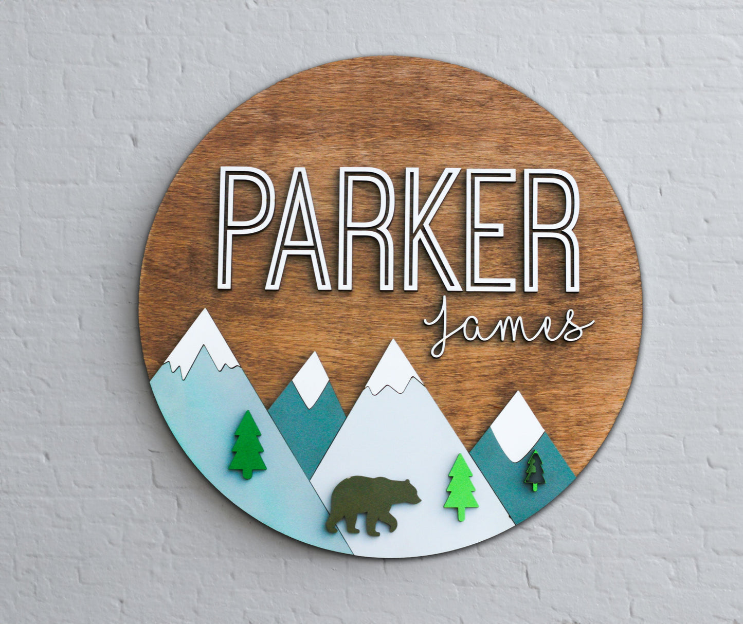 Woodland Nursery Decor, Nursery Name Sign, Personalized Round Mountain Name Sign for Baby's Wall Art