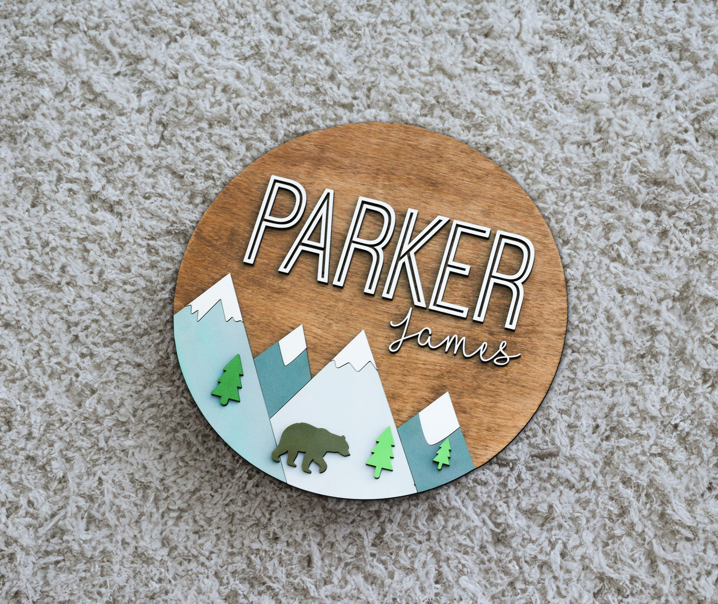 Woodland Nursery Decor, Nursery Name Sign, Personalized Round Mountain Name Sign for Baby's Wall Art