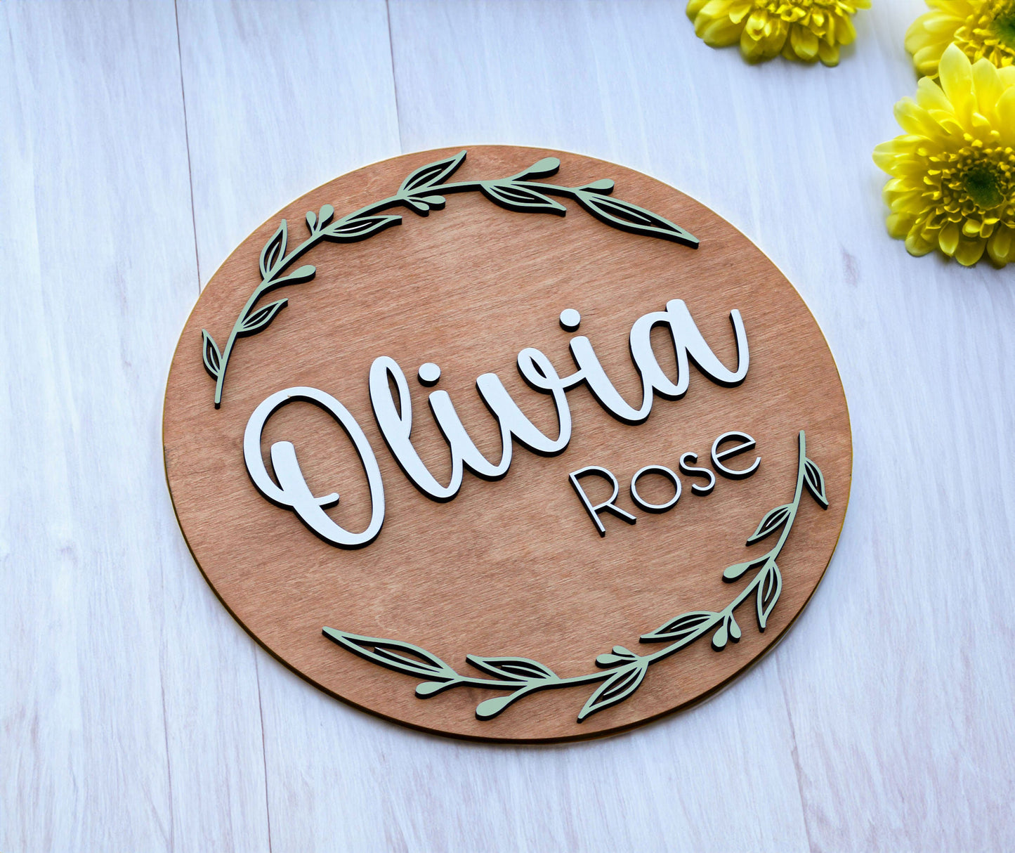 Nursery Name Sign l Round Wood Name Sign l Greenery Sign l Baby Girl Sign l Flower Nursery Sign l Above Crib Name Sign l Nursery Decor