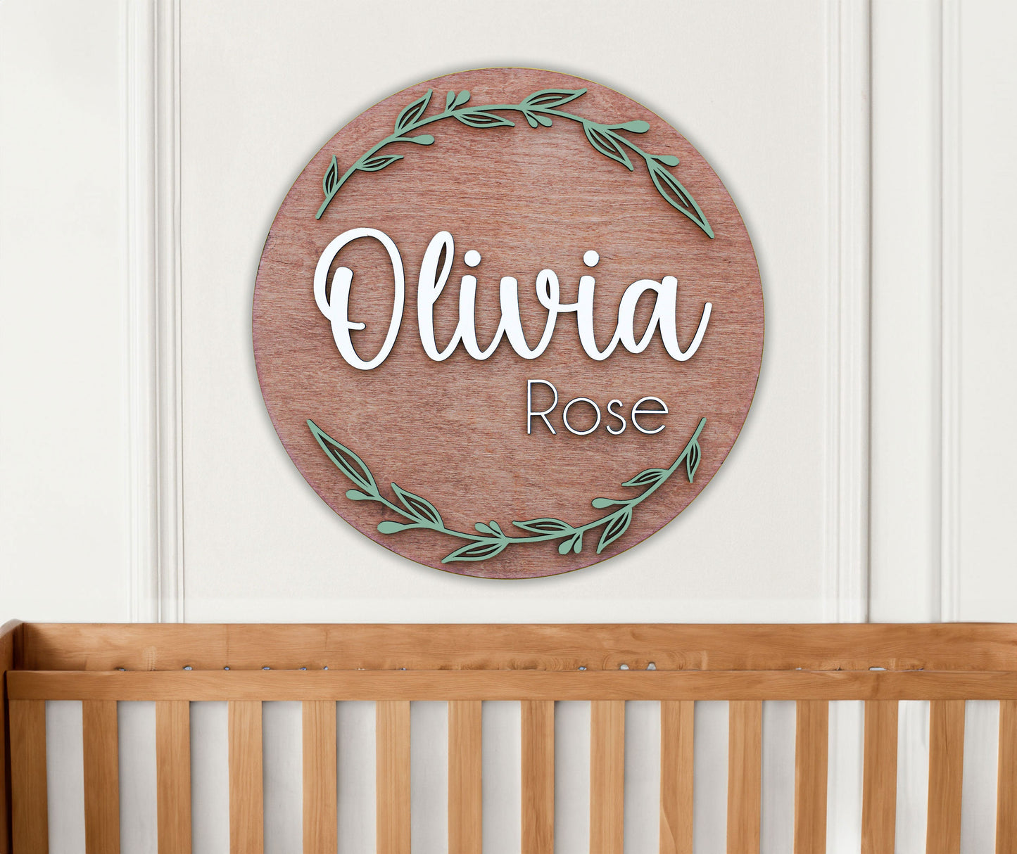 Nursery Name Sign l Round Wood Name Sign l Greenery Sign l Baby Girl Sign l Flower Nursery Sign l Above Crib Name Sign l Nursery Decor