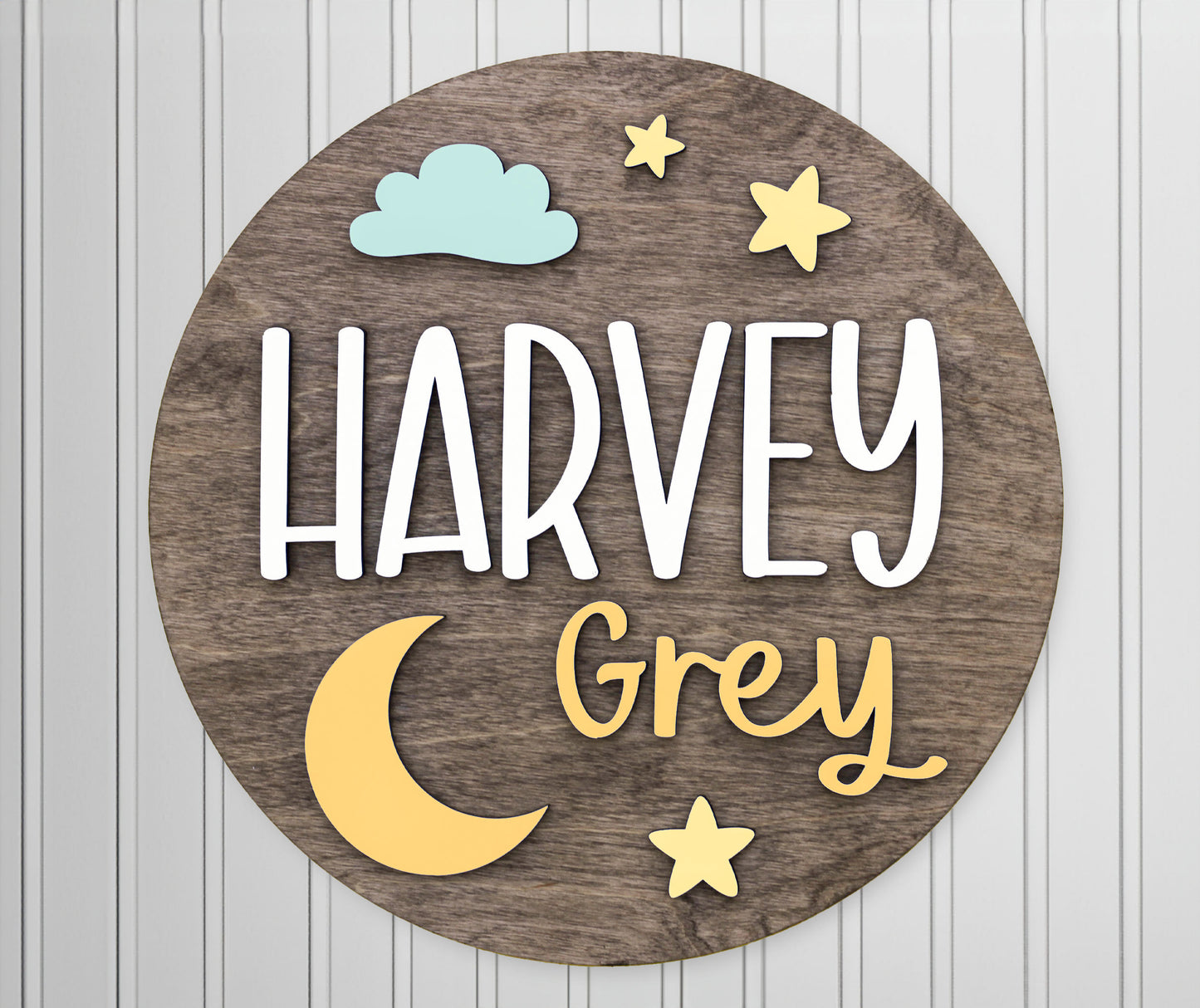 Personalized Moon and Stars Wooden Name Sign for Baby and Kids, Nursery Boy Sign, Round Name Sign, Custom Girl Name Sign