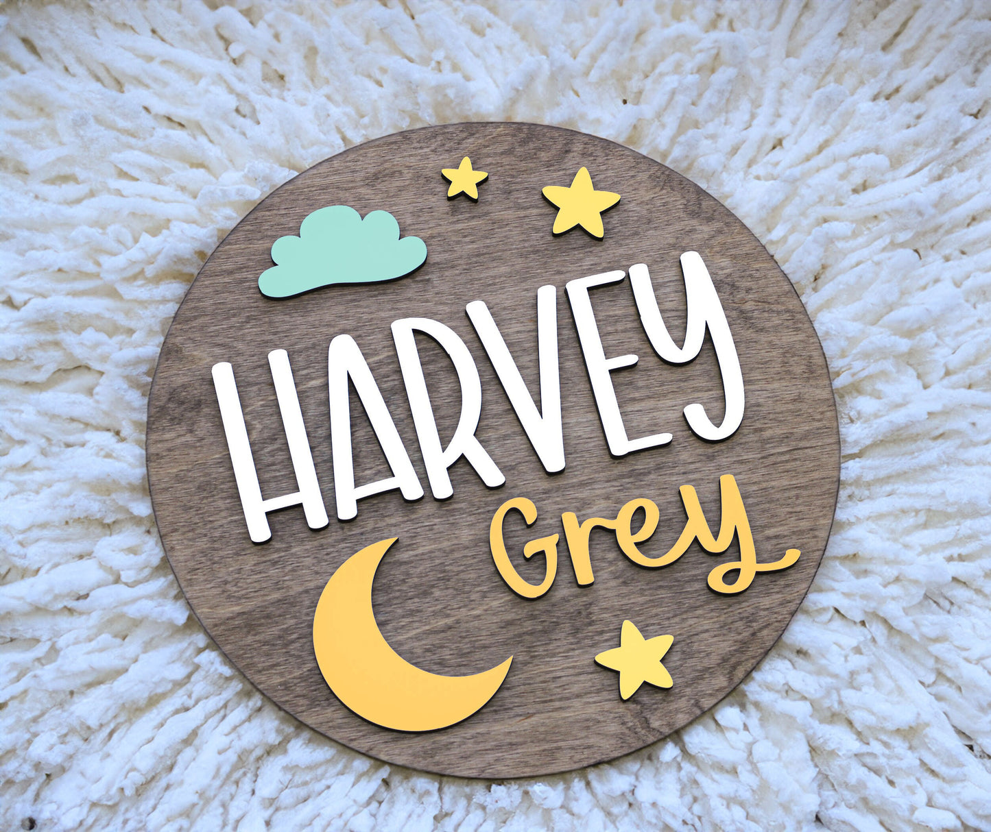 Personalized Moon and Stars Wooden Name Sign for Baby and Kids, Nursery Boy Sign, Round Name Sign, Custom Girl Name Sign