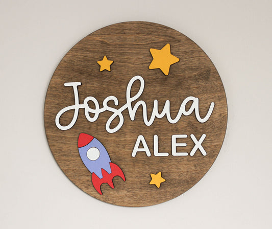 Nursery Name Sign l Space Theme Sign l Rocket and Stars Round Sign l Space Wall Art l Boy Nursery Sign l Above Crib Sign