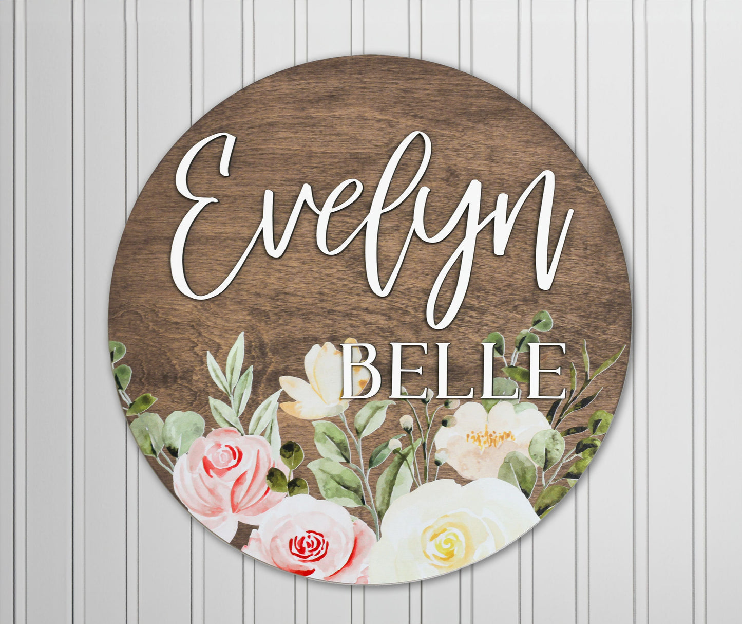 Baby Name Sign Round l Nursery Girl Sign l Boho Floral Pattern l Watercolor Roses l Floral Nursery Sign l Blush Floral Round Wood Sign