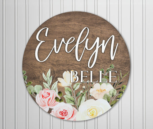 Baby Name Sign Round l Nursery Girl Sign l Boho Floral Pattern l Watercolor Roses l Floral Nursery Sign l Blush Floral Round Wood Sign