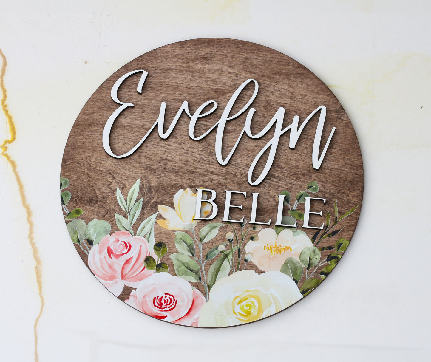 Baby Name Sign Round l Nursery Girl Sign l Boho Floral Pattern l Watercolor Roses l Floral Nursery Sign l Blush Floral Round Wood Sign