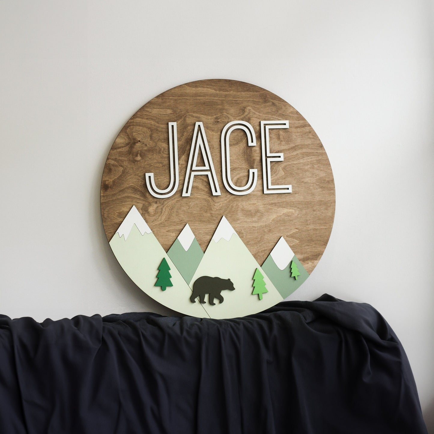 Woodland Theme Name Sign, Mountain Nursery Decor, Baby Round Sign, Crib Sign, Nursery Wall Decor, Newborn Gift, 3D Name Sign