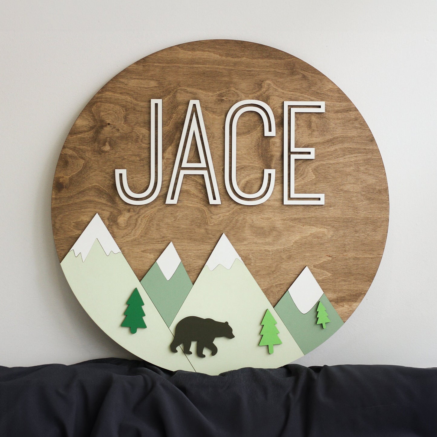 Woodland Theme Name Sign, Mountain Nursery Decor, Baby Round Sign, Crib Sign, Nursery Wall Decor, Newborn Gift, 3D Name Sign