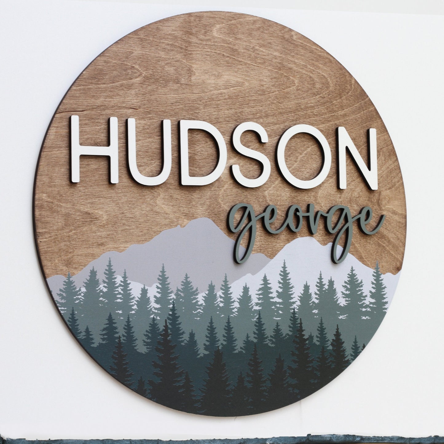 Woodland Theme Nursery Sign, Pine Tree Mountain Decor, Nursery Name Sign, Wildlife Nursery Decor, 3D Round Wood