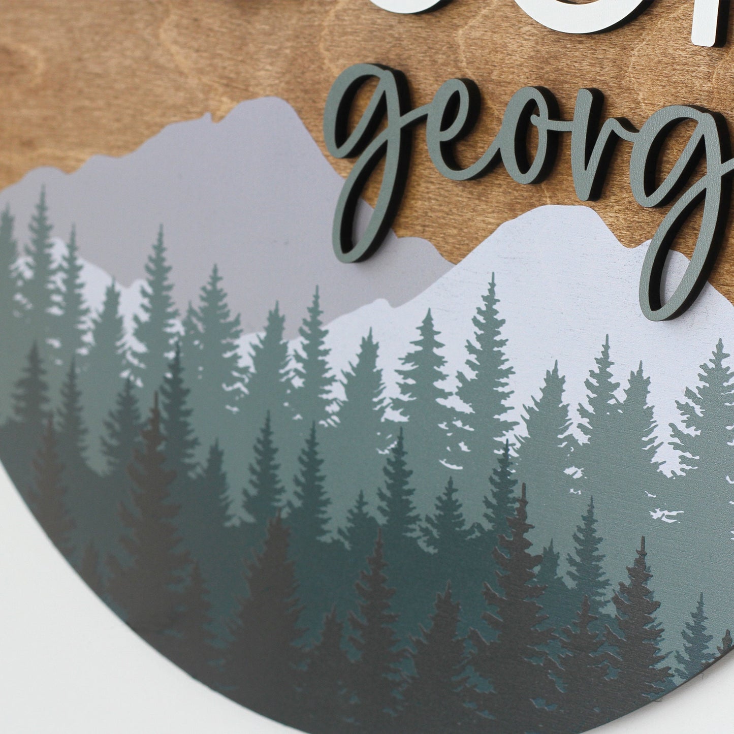 Woodland Theme Nursery Sign, Pine Tree Mountain Decor, Nursery Name Sign, Wildlife Nursery Decor, 3D Round Wood