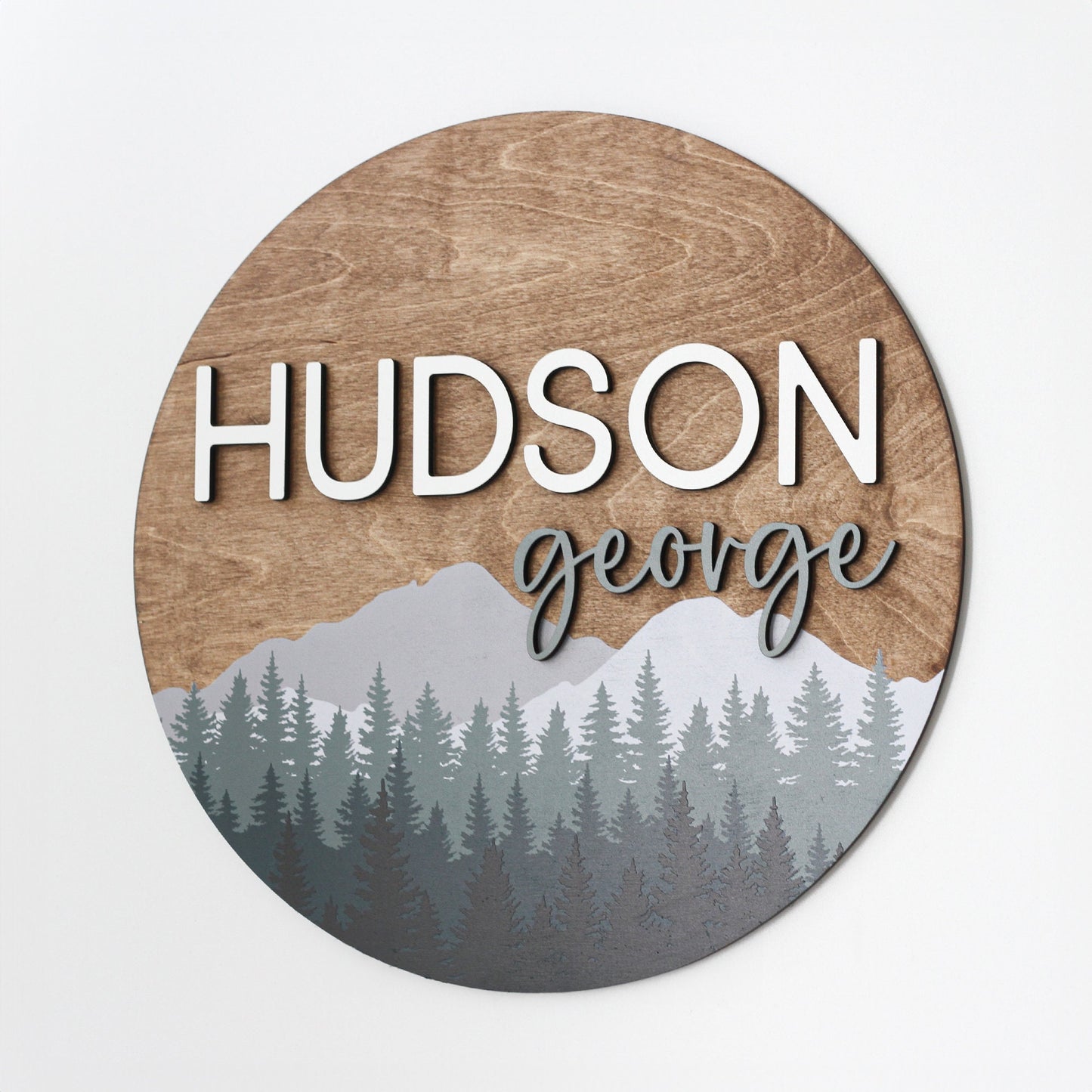 Woodland Theme Nursery Sign, Pine Tree Mountain Decor, Nursery Name Sign, Wildlife Nursery Decor, 3D Round Wood