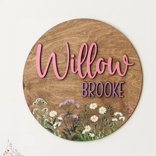 Wildflower Nursery Sign, Round 3D Name Sign, Personalized Wooden Name Sign, Baby Shower Decor, Wildflower Decor, Boho Floral Pattern