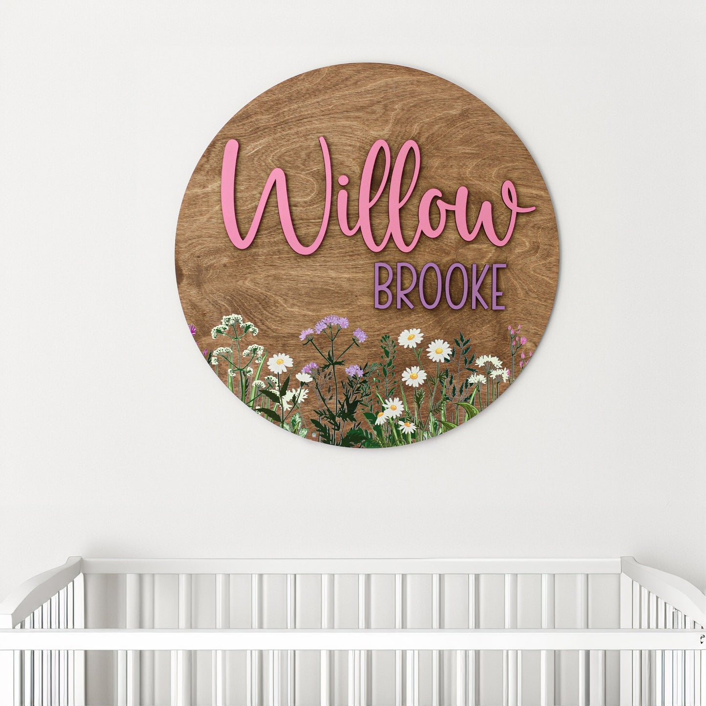 Wildflower Nursery Sign, Round 3D Name Sign, Personalized Wooden Name Sign, Baby Shower Decor, Wildflower Decor, Boho Floral Pattern