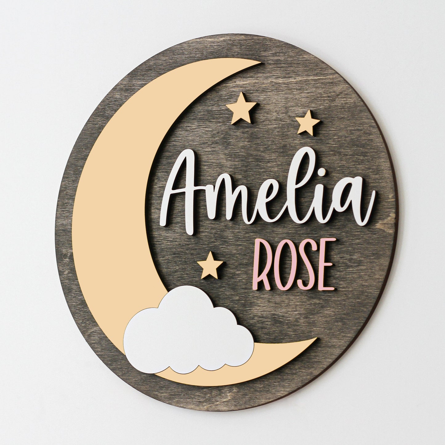 3D Circle Wood Name Sign for Boho Nursery Moon Clouds Stars Decor, Nursery Name Sign, Round Sign