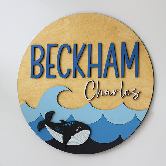 Ocean Theme Round Sign l Whale Baby Name Sign l Nursery Wall Sign l Custom Circle Sign