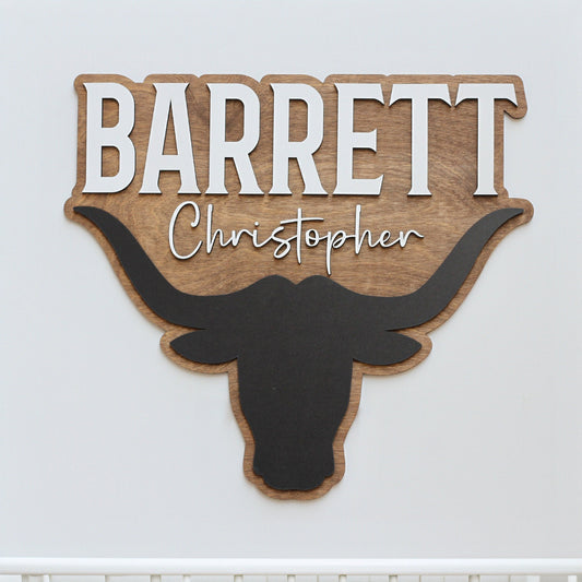 Custom 3D Name Sign, Wooden Name Sign, Longhorn Theme, Name Sign for Boy, Room Decor for Wall, Nursery Door Hanger