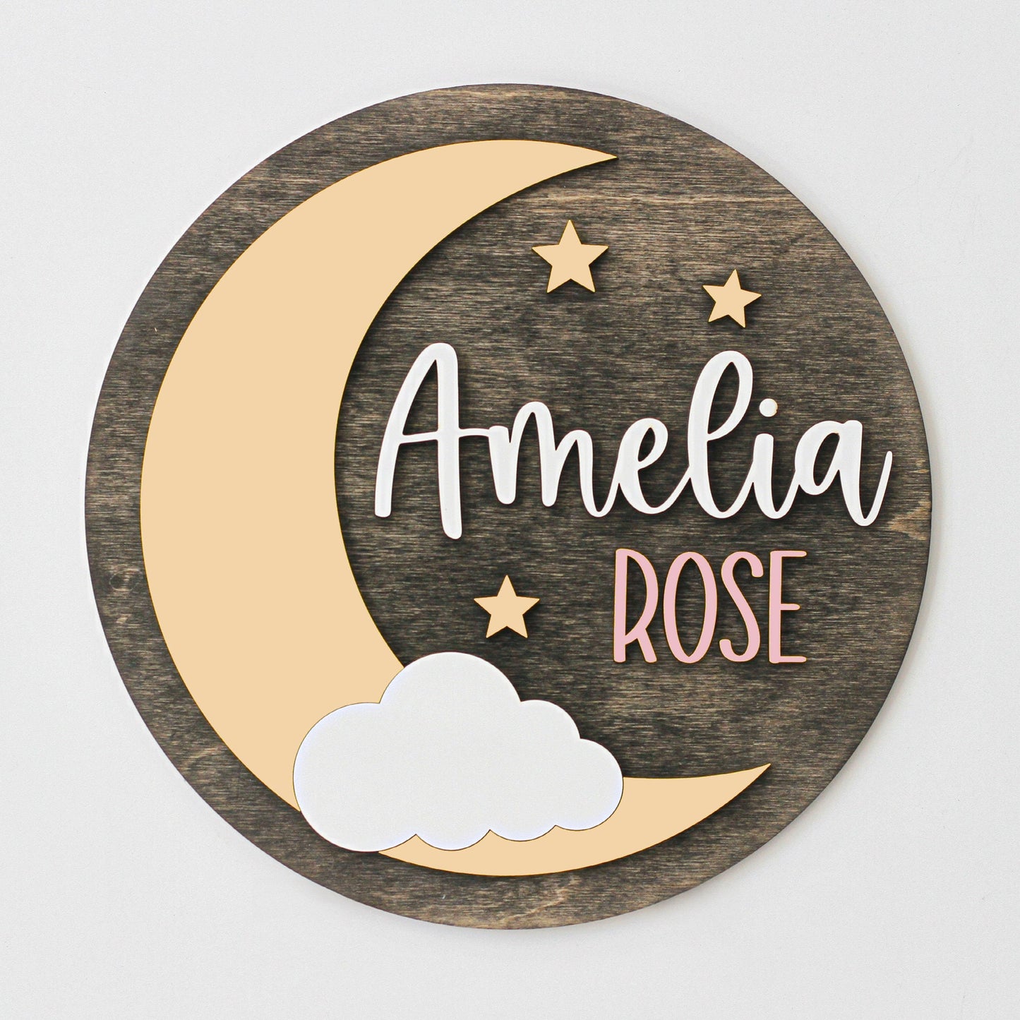 3D Circle Wood Name Sign for Boho Nursery Moon Clouds Stars Decor, Nursery Name Sign, Round Sign