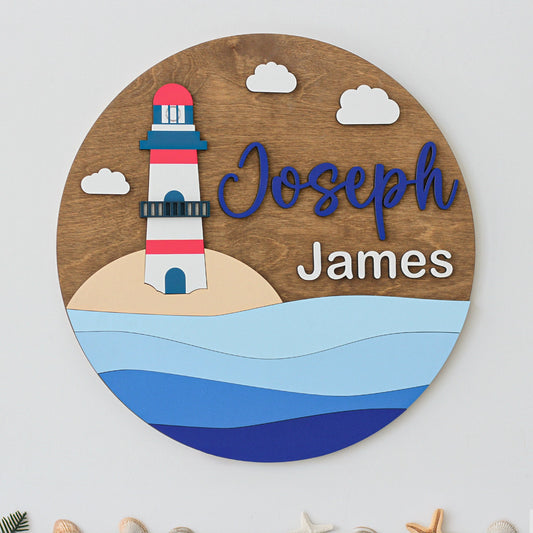 Lighthouse Theme Name Sign, Personalized Name Sign, Nautical Theme, Kids Bedroom Decor, Nursery Boy Decoration, 3D Personalized Wood Sign