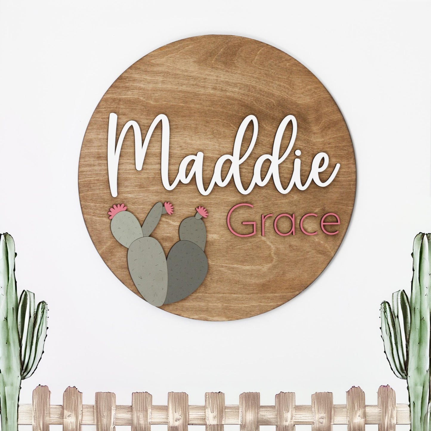 Nursery Round Sign, Cactus Nursery Decor, Wooden Name Sign, Boho Baby Shower Gift, 3D Name Sign Wood, Baby Shower Gift