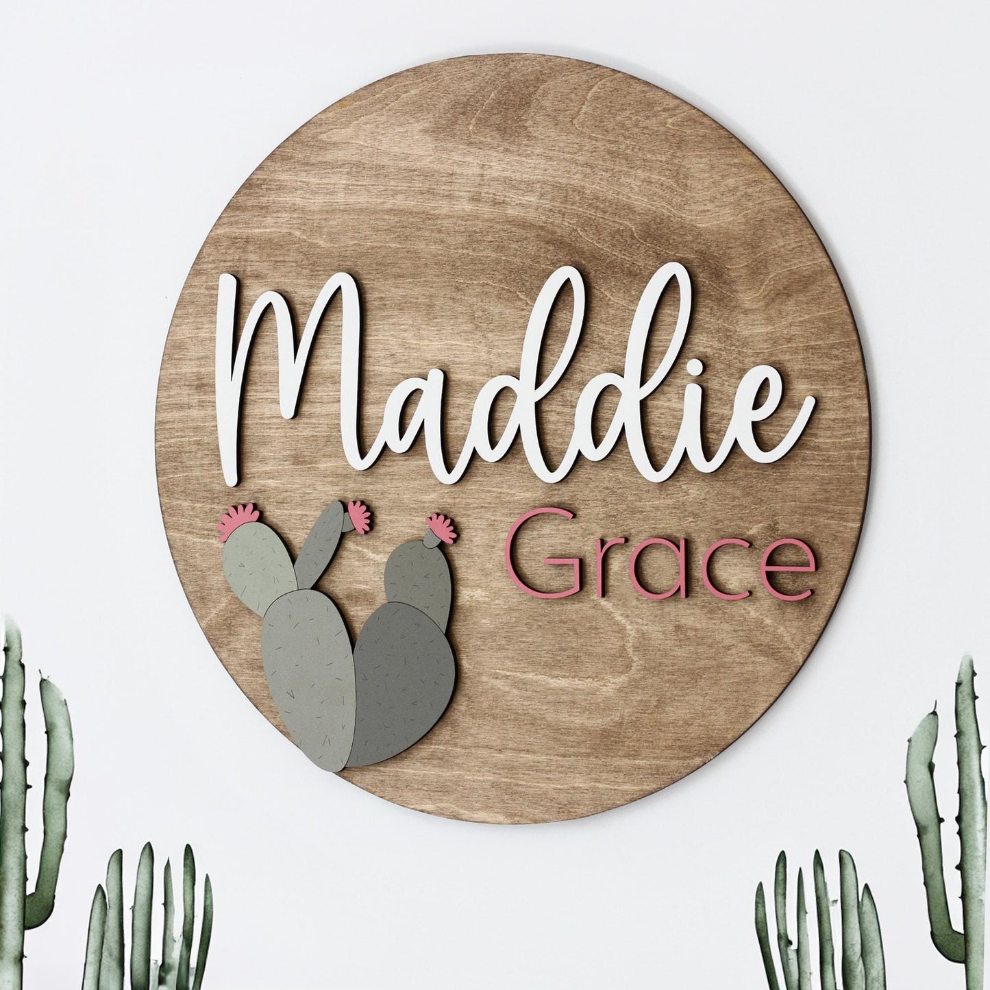 Nursery Round Sign, Cactus Nursery Decor, Wooden Name Sign, Boho Baby Shower Gift, 3D Name Sign Wood, Baby Shower Gift