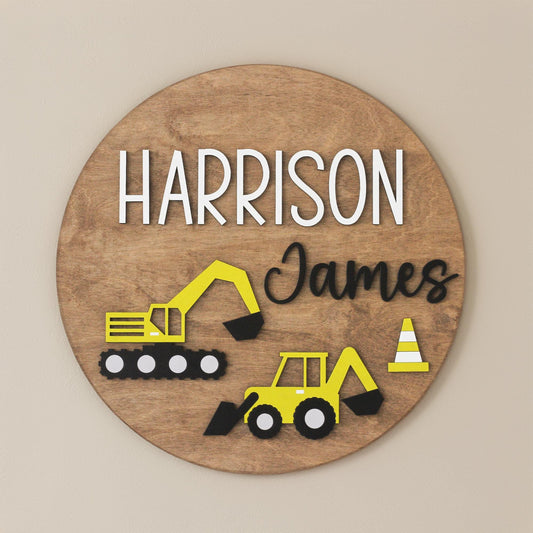 Personalized 3D Excavator Name Sign, Nursery Name Sign, Kids Sign 3D, Personalized Wood Decor,  Wood Nursery Decor for Boys, Round Name Sign