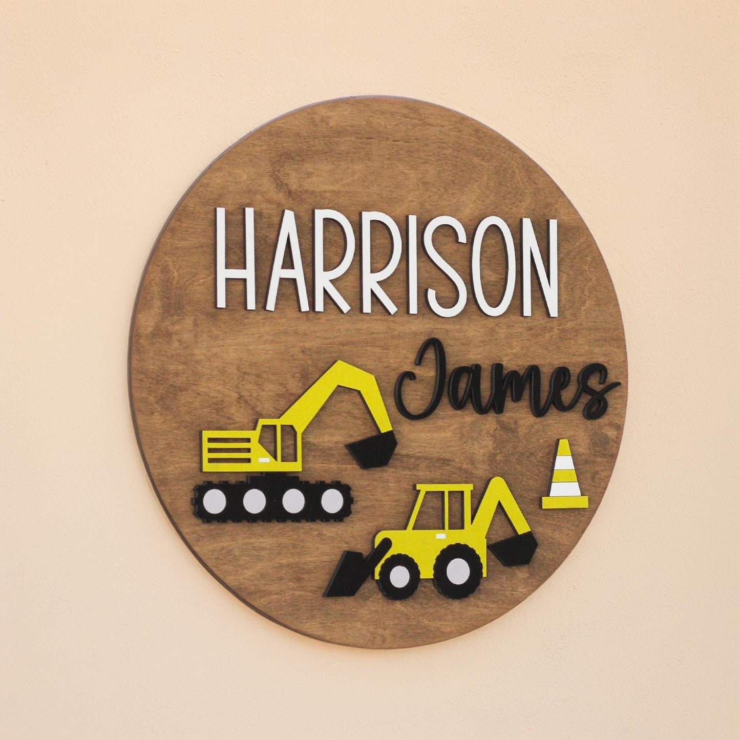 Personalized 3D Excavator Name Sign, Nursery Name Sign, Kids Sign 3D, Personalized Wood Decor,  Wood Nursery Decor for Boys, Round Name Sign